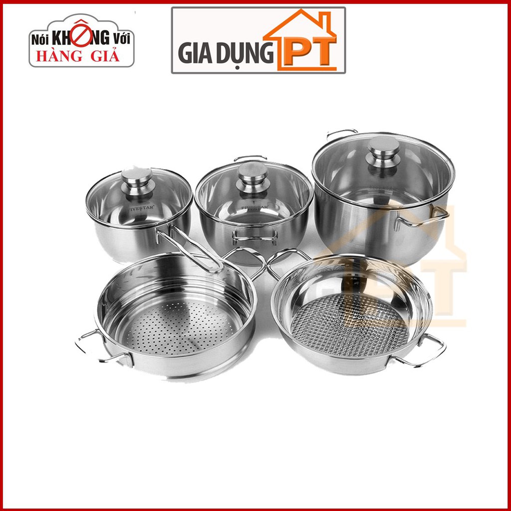 Bộ nồi Fivestar cao cấp 5 món, hàng chính hãng, inox 3 đáy cực đẹp, vung kính hoặc vung inox phù hợp mọi loại bếp