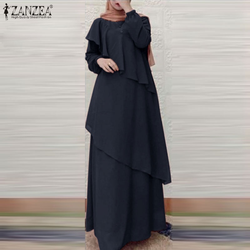 Đầm maxi ZANZEA tay dài phối bèo thiết kế thanh lịch cho phụ nữ Hồi Giáo