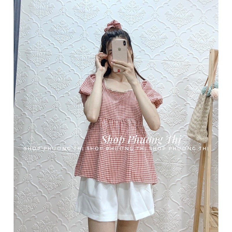 Áo babydoll kẻ tay phồng kèm chun ulzzang (hình thật/sẵn)
