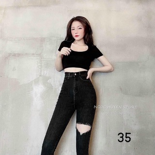 Jeans Dài Nữ Lưng Cao Co Giãn Rách Tim