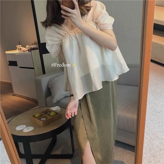 Áo sơ mi be cổ vuông tay bồng cộc thân baby doll
