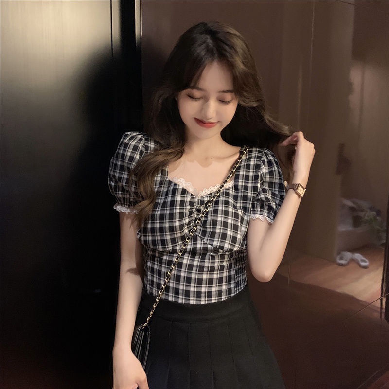 Áo Kiểu Tay Phồng Cổ Vuông Phối Ren Họa Tiết Sọc Caro Thời Trang Cho Nữ