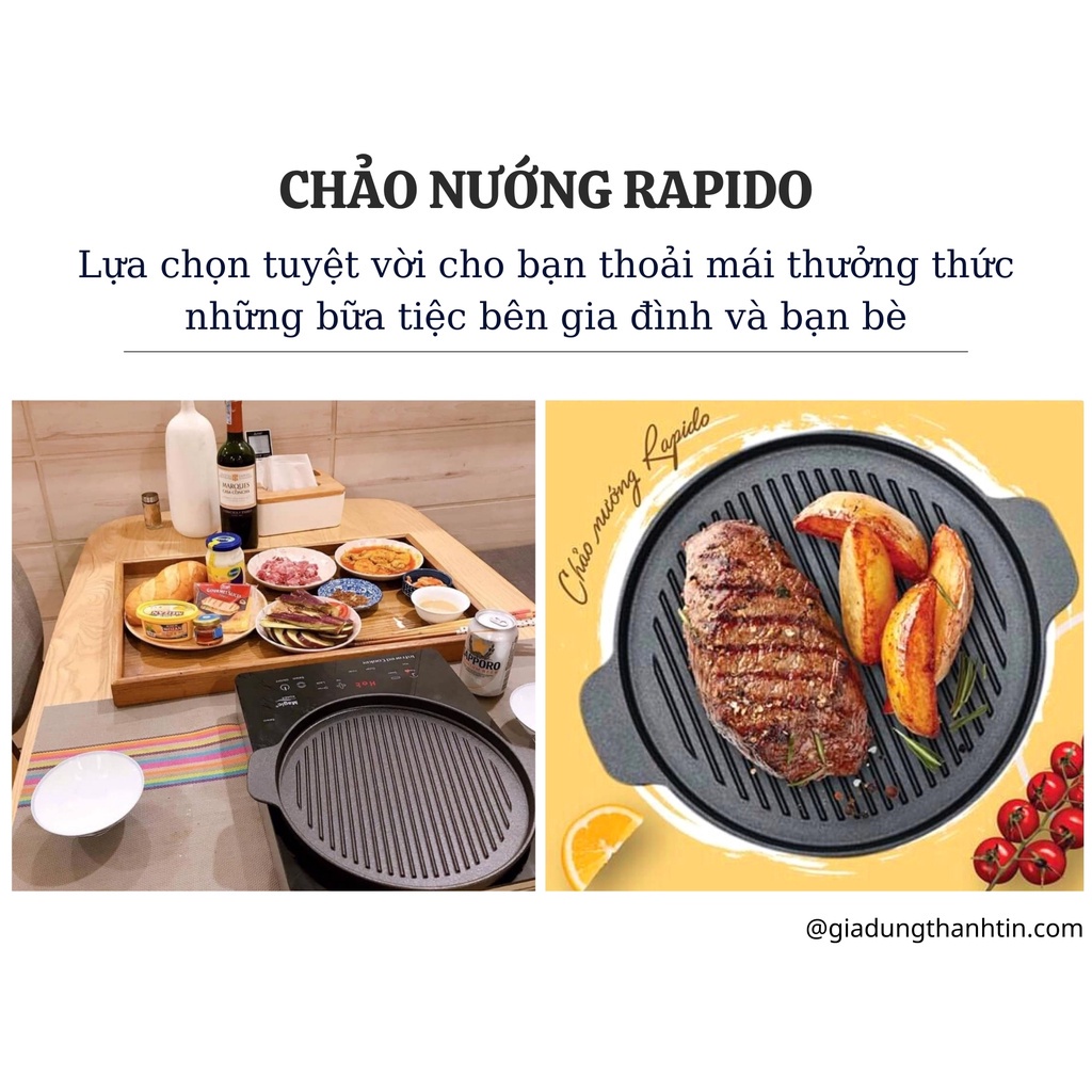 Chảo nướng bếp từ chống dính đúc nguyên khối 2 lớp gang chảo nướng thịt Rapido size 24-26cm kiểu hàn quốc
