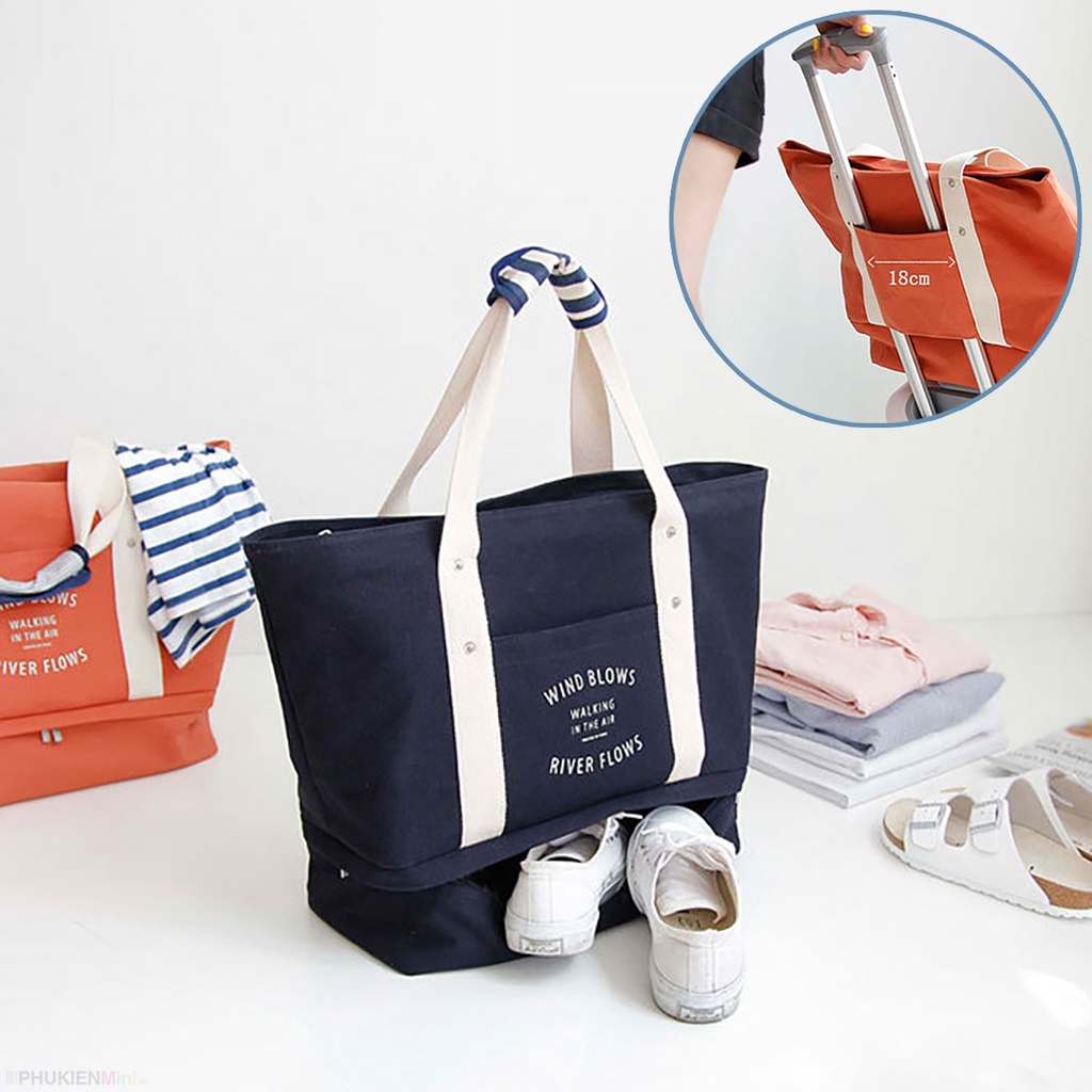Túi vải canvas loại to gấp gọn nhiều ngăn đựng quần áo giày dép du lịch đi biển đi chơi có quai treo tay nắm vali
