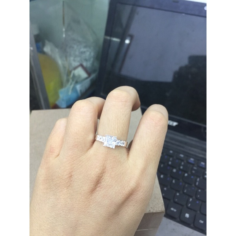 Nhẫn mảnh cây Thông đá vuông cao sáng lấp lánh bạc thật NGỌC MẬU