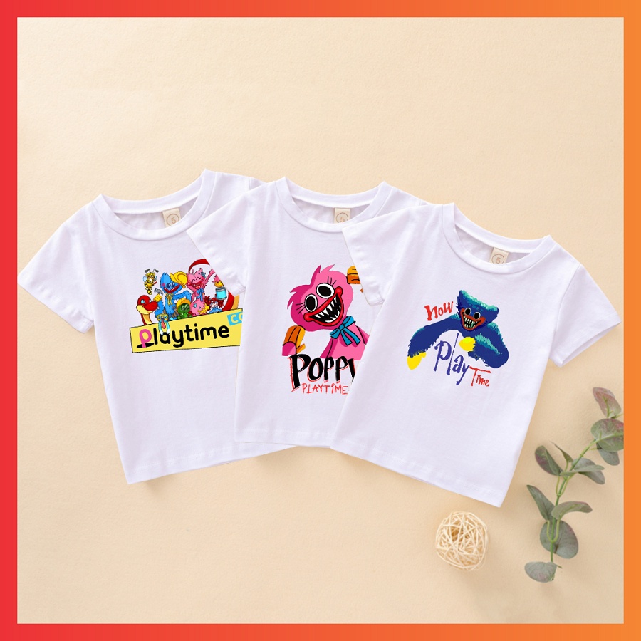 Áo thun họa tiết Poppy Playtime Huggy Wuggy màu trắngcá tính cho bé trai bé gái