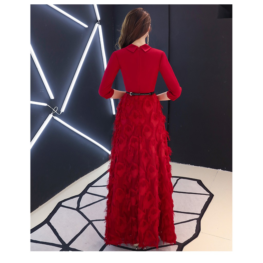 [ẢNH THẬT] Đầm váy dạ hội dự tiệc dài lông công nịt eo cổ V bigsize màu đỏ đen | BigBuy360 - bigbuy360.vn