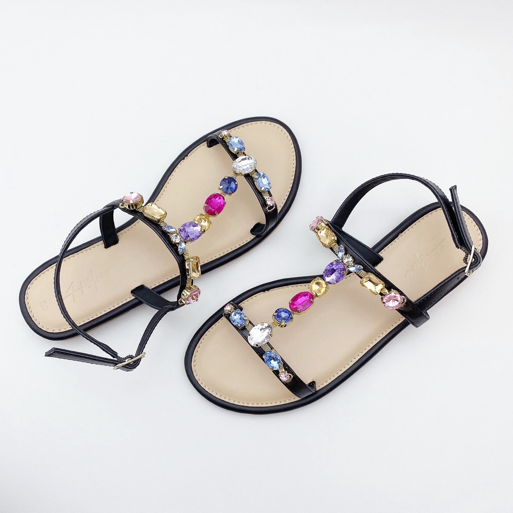 Giày Sandal Quai Mảnh Nữ đi học mặc váy Thời Trang biển Quai Ngang hậu Phối Đính Đá Cao Cấp Hishoo VNXK Ulzzang S089