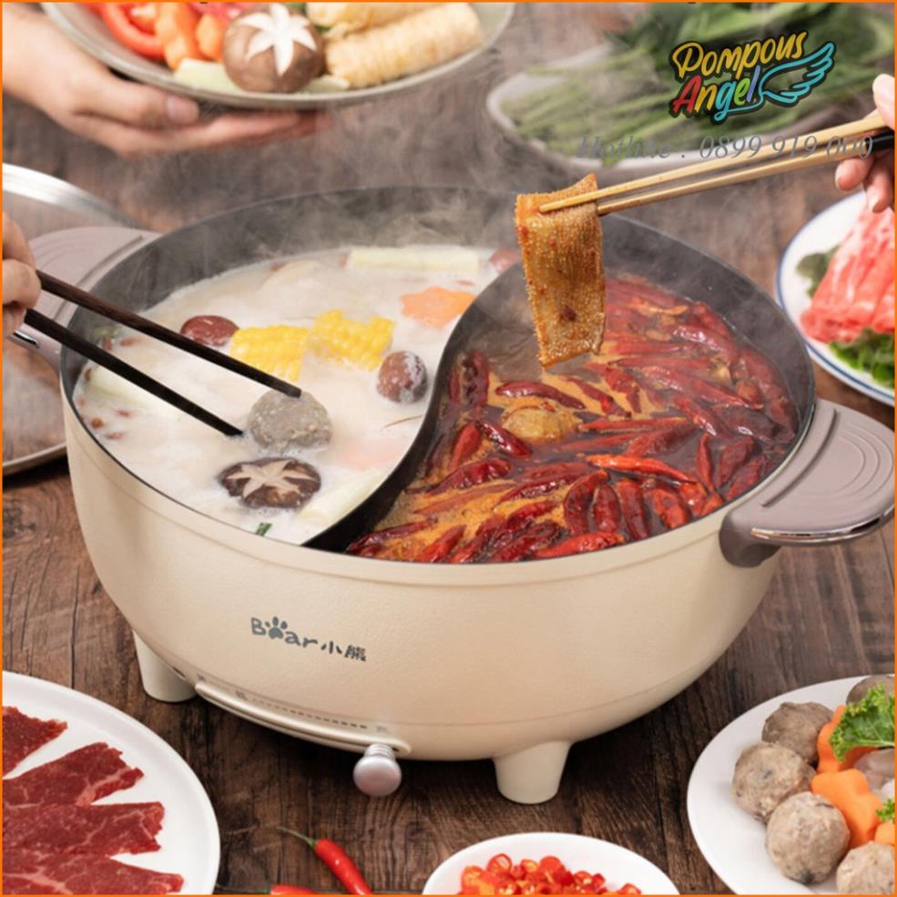 Nồi lẩu nướng điện đa năng, bếp lẩu nướng 2 ngăn uyên ương BEAR DHG-B60R6 6L Bản quốc tế BH 18 tháng
