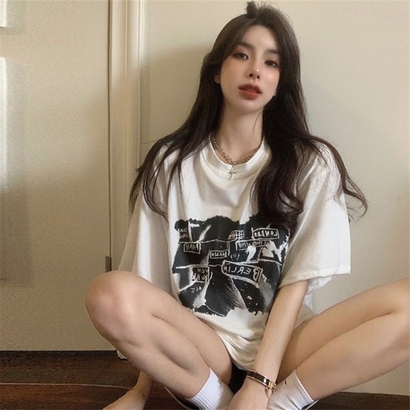 Áo Thun Ngắn Tay Cổ Tròn Dáng Rộng In Họa Tiết Thời Trang Hàn Quốc Cho Nữ