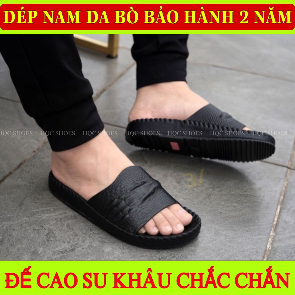 Dép da nam HQC SHOES da bò thật đế cao su khâu chỉ dù bảo hành 12 tháng HQ093