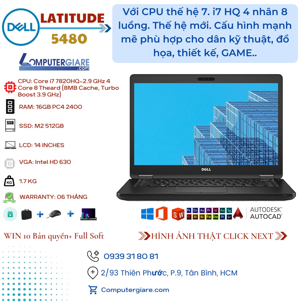 Laptop cũ Dell Latitude 5480➢i7 7820HQ➢RAM 8GB➢SSD 256GB➢Màn 14 FHD