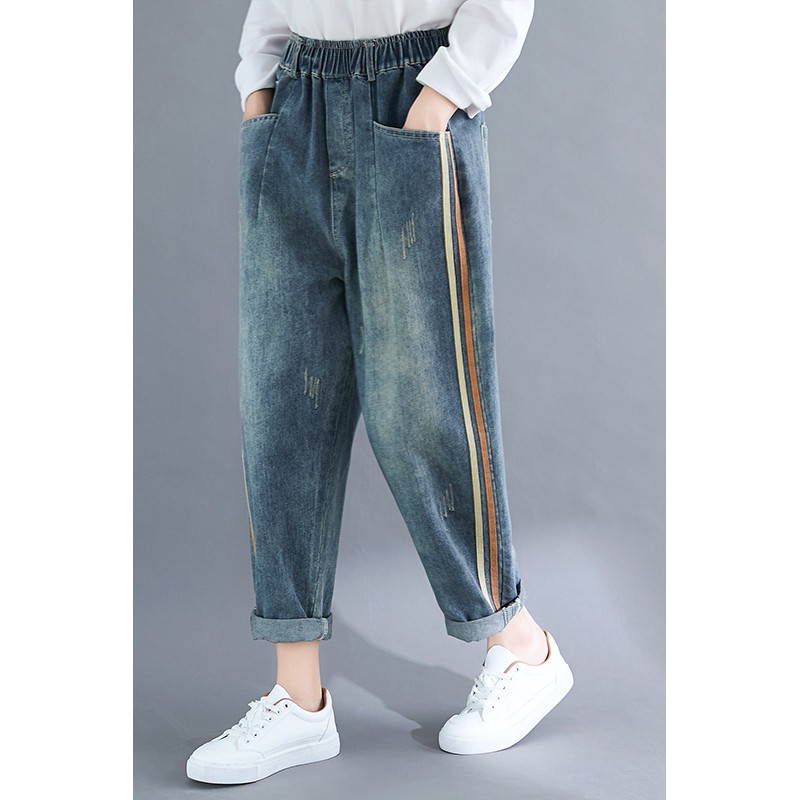 CÓ SẴN SIZE XL B133 Quần bò dáng suông cạp chun,sọc 2 bên thời trang
