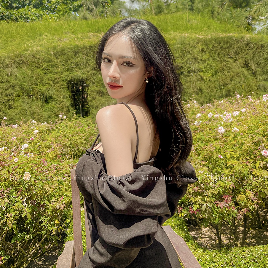 Đầm đen đi tiệc thiết kế hai dây trễ vai tay dài nơ ngực xinh xắn - Devil Rabbit T006