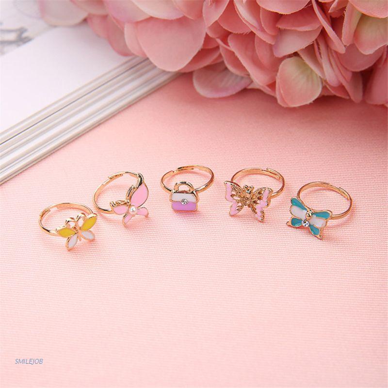 Set 5 nhẫn hoạt hình có thể điều chỉnh kích thước cho bé gái