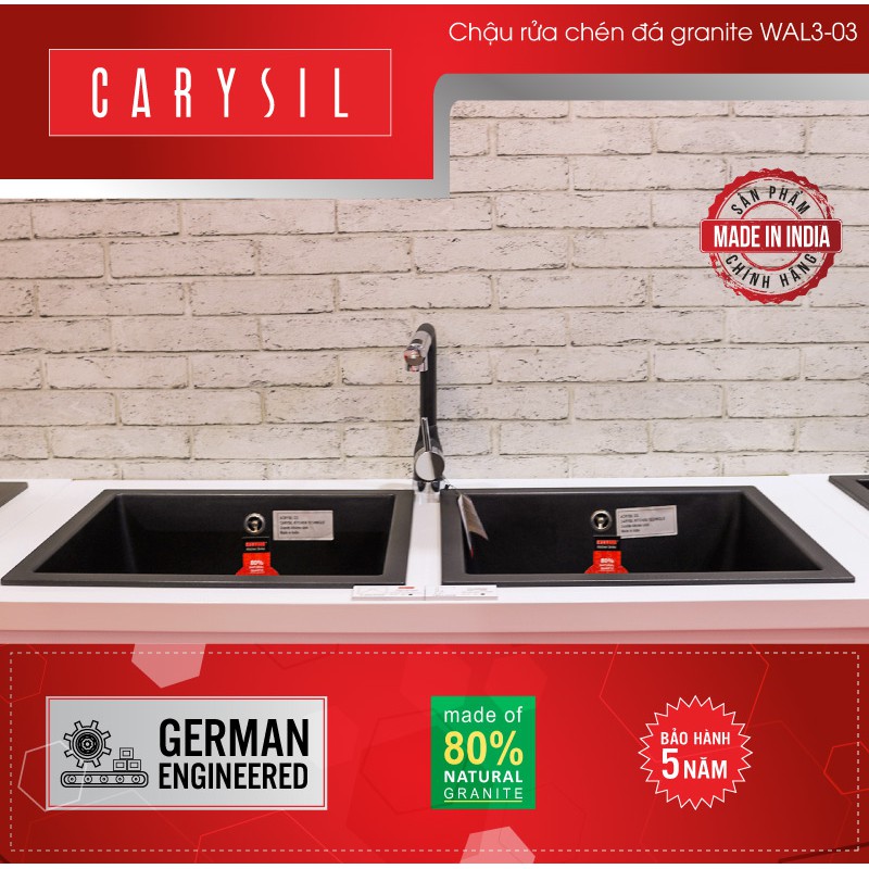 CARYSIL - Chậu Rửa Bát Đơn Bằng Đá Granite - SAA1-03 - Chuyên Lắp Quầy Bar/ Đảo Bếp - Màu Đen - 560x510mm