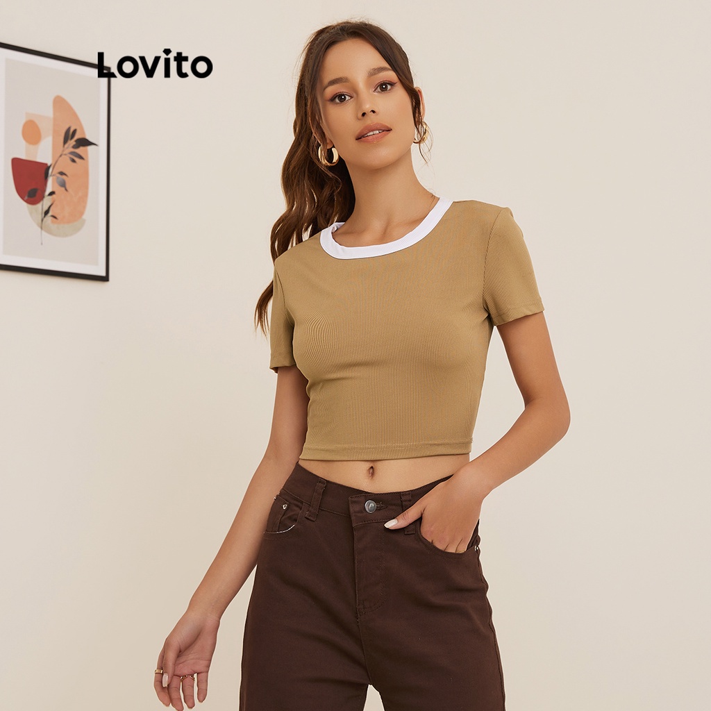 Áo thun Lovito thường ngày màu trơn dệt kim sọc gân ghép nối màu sắc L19D142 (màu kaki)