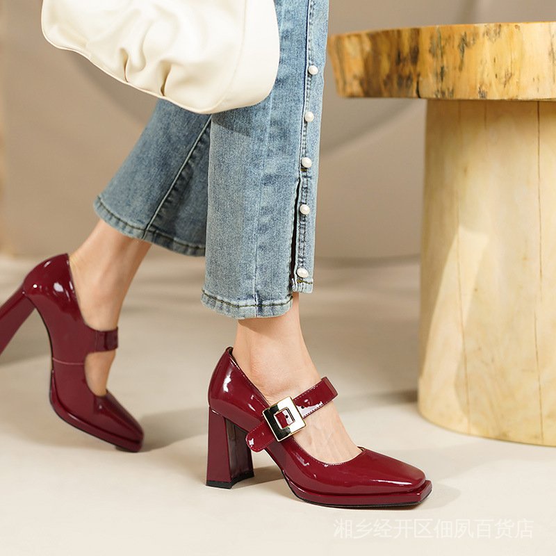 Giày Cao Gót Da Thật Mũi Vuông Đế Dày Chống Nước Có Dây Đeo Phong Cách Retro Cho Nữ PL72