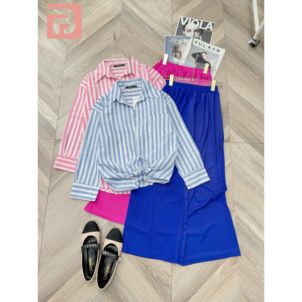 Set sơ mi kẻ cá tính mix quần dài suông QA117