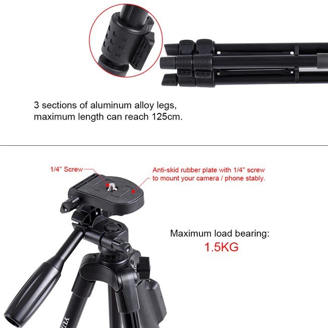 Chân Tripod Yunteng Vct 5208 Bằng Nhôm Kèm Kẹp Điều Khiển Bluetooth Cho Điện Thoại Thông Minh / Camera / Điện Thoại Jianpan111.My106965574