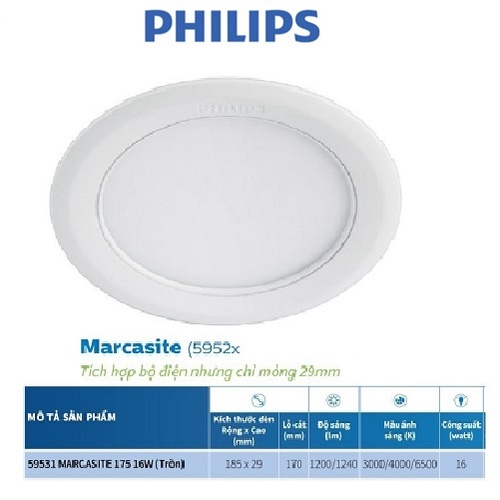 Bộ đèn âm trần Philips LED Marcasite tròn (5952x )-9W, 12W, 14W,16W (ánh sáng trắng, trung tính, vàng)