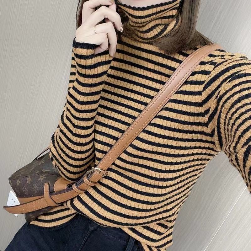 Áo Sweater Cổ Cao Ôm Dáng Mềm Mại Họa Tiết Kẻ Sọc Thời Trang Thu Đông 2023