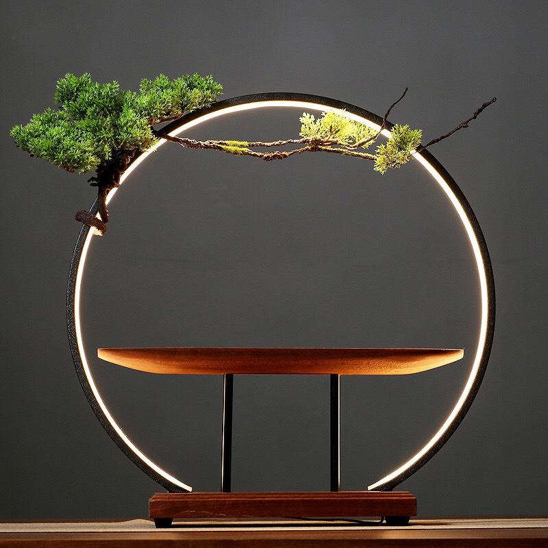 Kệ đèn led hình tròn đặt tượng phật có kèm cây -đèn hào quang trang trí cùng tượng decor tiểu cảnh không gian àng