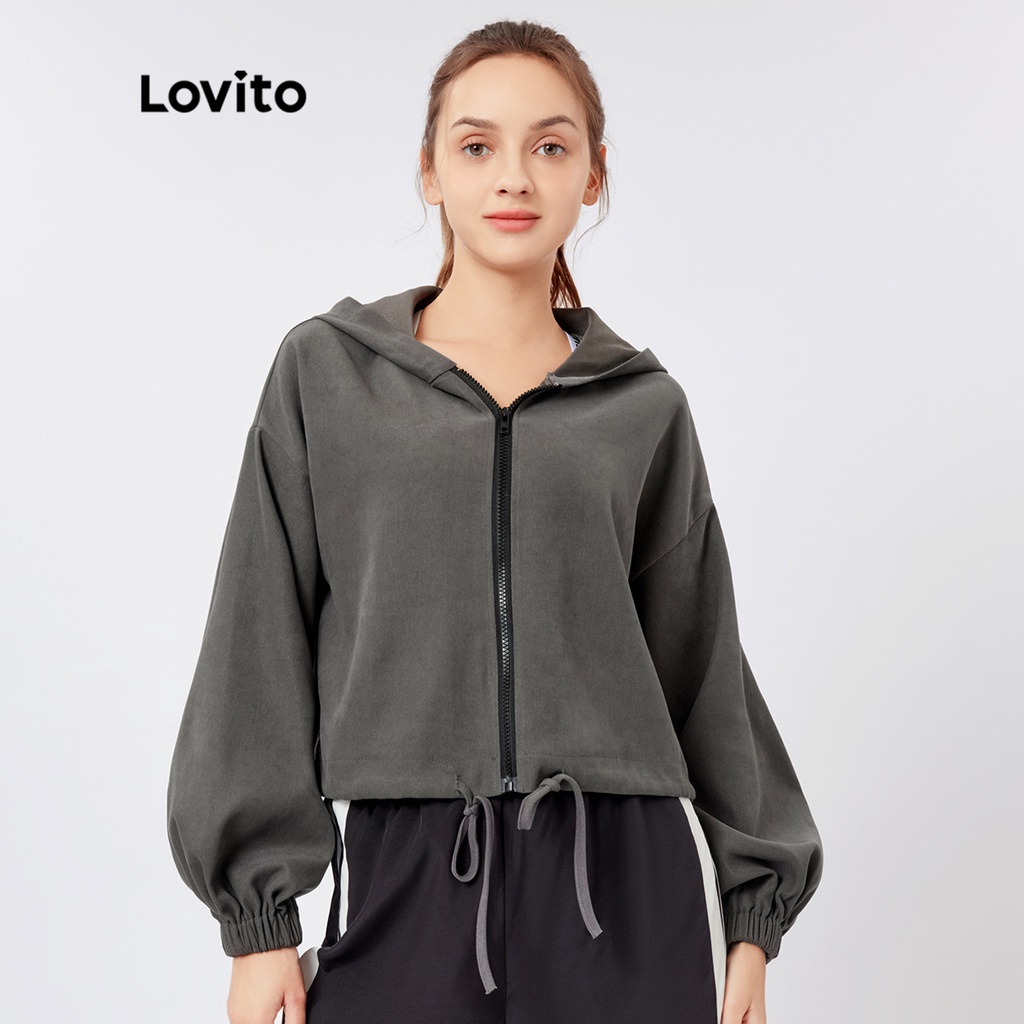 Áo khoác thể thao Lovito màu trơn phối khóa kéo dây rút L26AD067 (màu xám)