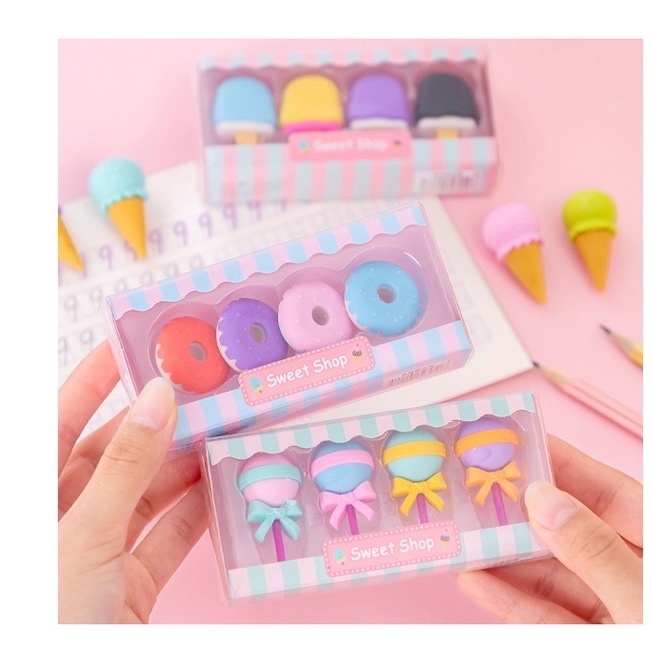 Set 4 Gôm Tẩy 3D Hình Bánh Donut Kem Kẹo Mút Dễ Thương Xinh Xắn Cục Tẩy Họa Tiết Cute Giá Rẻ Học Sinh SR026