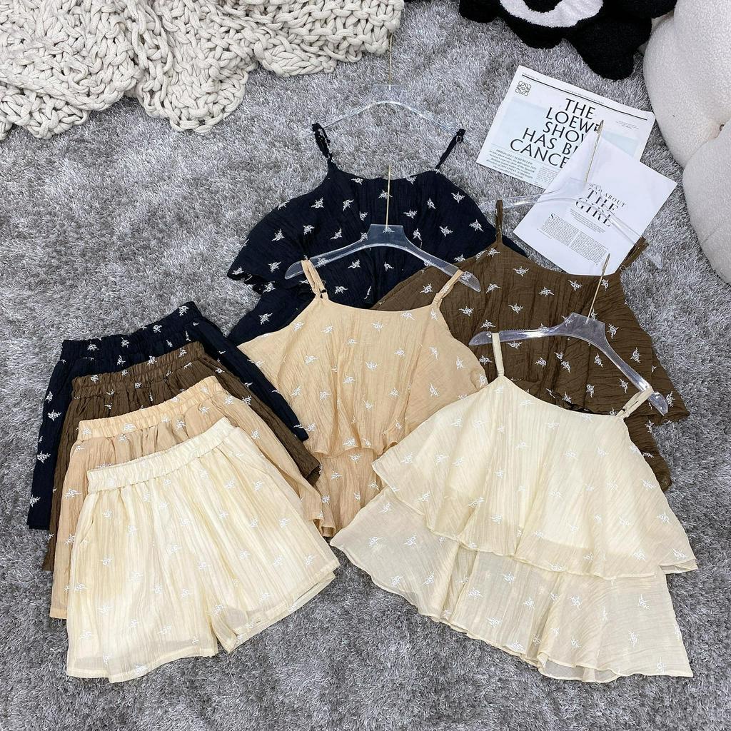 Sét hoa 2 dây chỉnh 2 tầng + quần sooc cạp chun 4 màu 150
