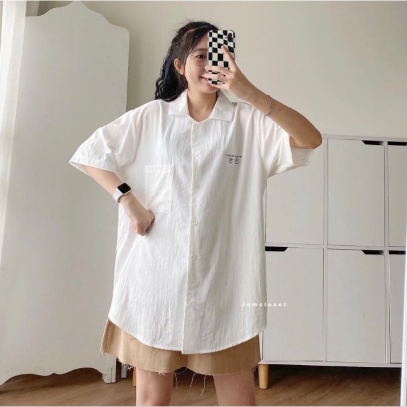 Áo Sơ Mi Thêu Chữ Hàn Unisex Form Rộng Màu Đen, Trắng Basic ❤️Áo Sơ mi Đẹp Ngắn Tay Ulzzang Vintage Hàn Quốc Cao Cấp