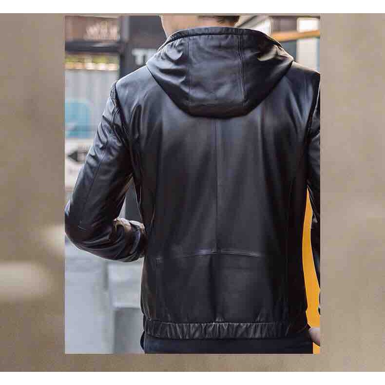 Áo Khoác Da Nam Trơn Lót Dù Phối Nón Cao Cấp ADN01