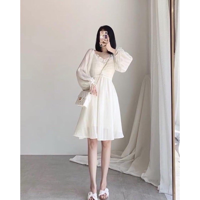 Váy Trắng Tay Bồng - Đầm Tiểu Thư Vintage Hàng Thiết Kế 2 Lớp