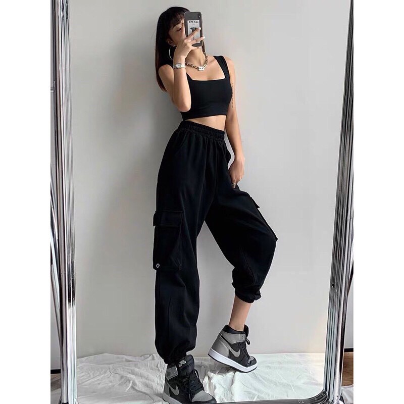 Áo 2 dây nữ cổ vuông bản to dáng croptop ôm trơn màu trắng đen GUU