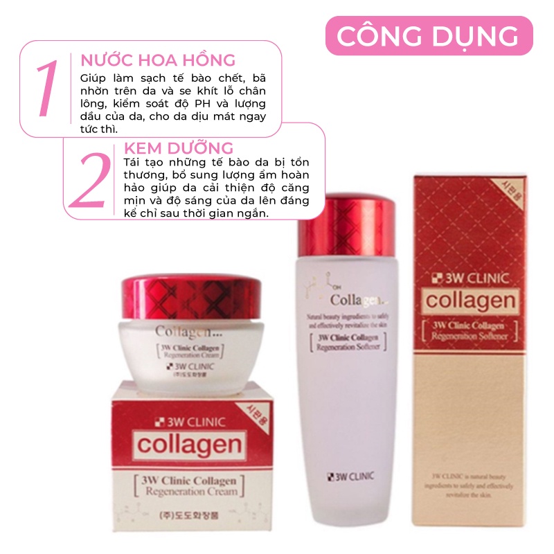 Bộ dưỡng da săn chắc dưỡng trắng da dưỡng ẩm chiết xuất từ Collagen 3W CLINIC Hàn Quốc [Nước Hoa Hồng+ Kem]