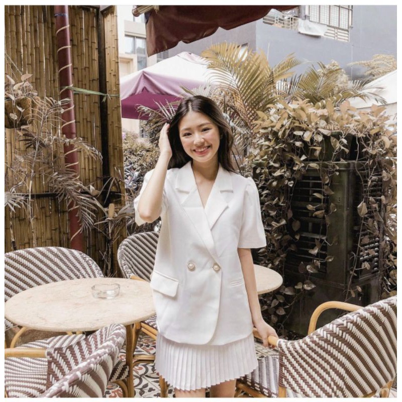 set vest tay ngắn + chân váy dập ly