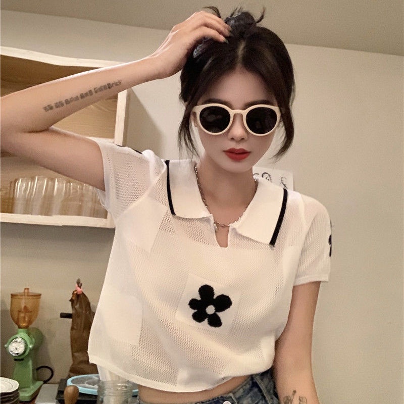 Áo Thun Dệt Kim Tay Ngắn Cổ polo Màu Trắng Thời Trang Mùa Hè Cho Nữ
