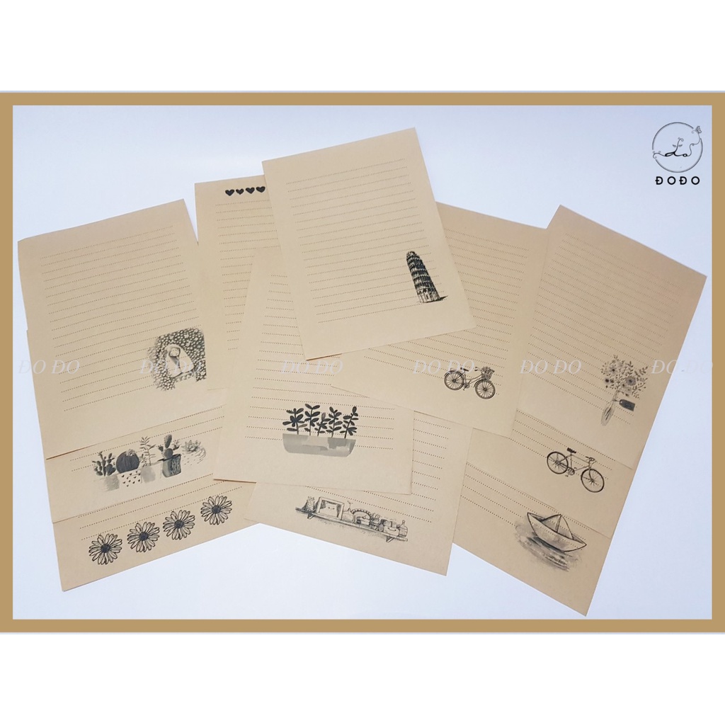 Set 10 tờ giấy viết thư giấy Kraft nâu dày không lem mực hàng loại 1 nhiều hình trang trí cute giao ngẫu nhiên