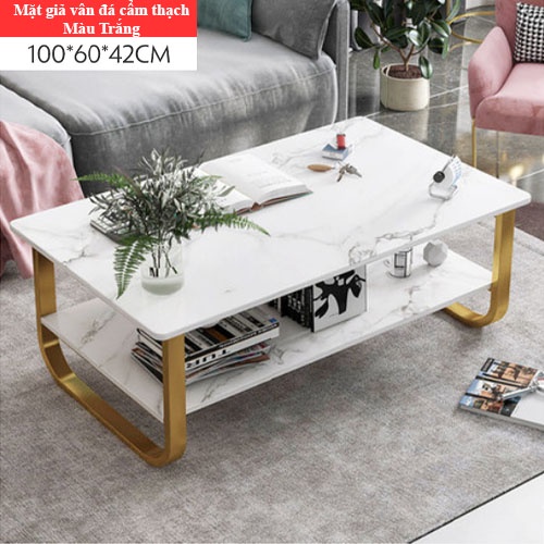 Bàn Trà Sofa Gỗ Họa Tiết Cẩm Thạch,Bàn Sofa 2 Tầng, Mặt Gỗ Chân Thép Tĩnh Điện,