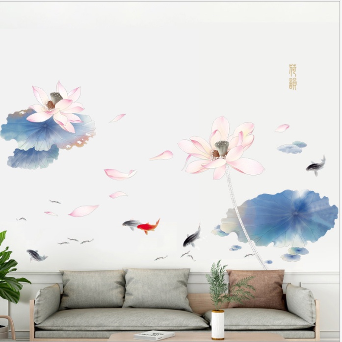 Decal dán tường trang trí - CÁ SEN HỒNG ĐÀI XANH TAO NHÃ