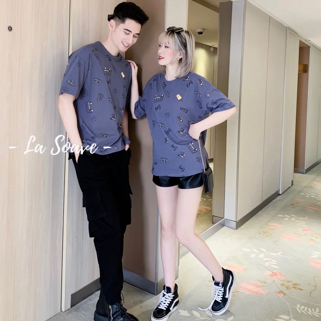 Áo thun tím than nam nữ Unisex đa họa tiết dáng Ulzzang form rộng dành cho các cặp đôi, nhóm - tình yêu nồng cháy