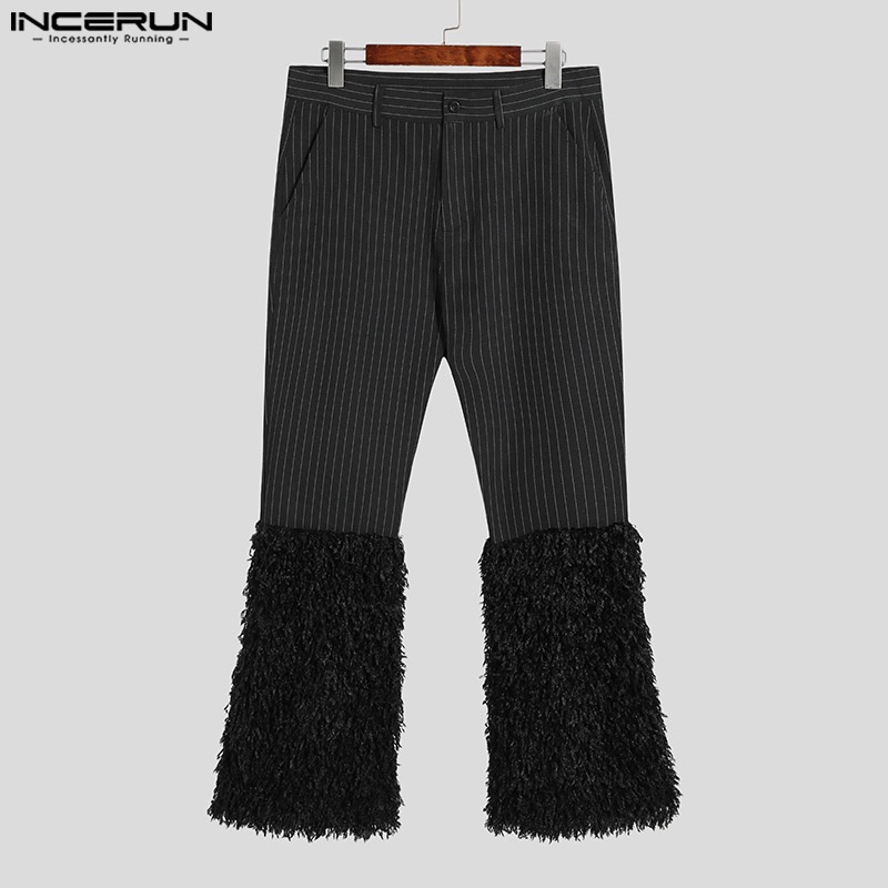 Quần dài INCERUN dáng rộng phối lông vũ phối họa tiết kẻ sọc thời trang cổ điển
