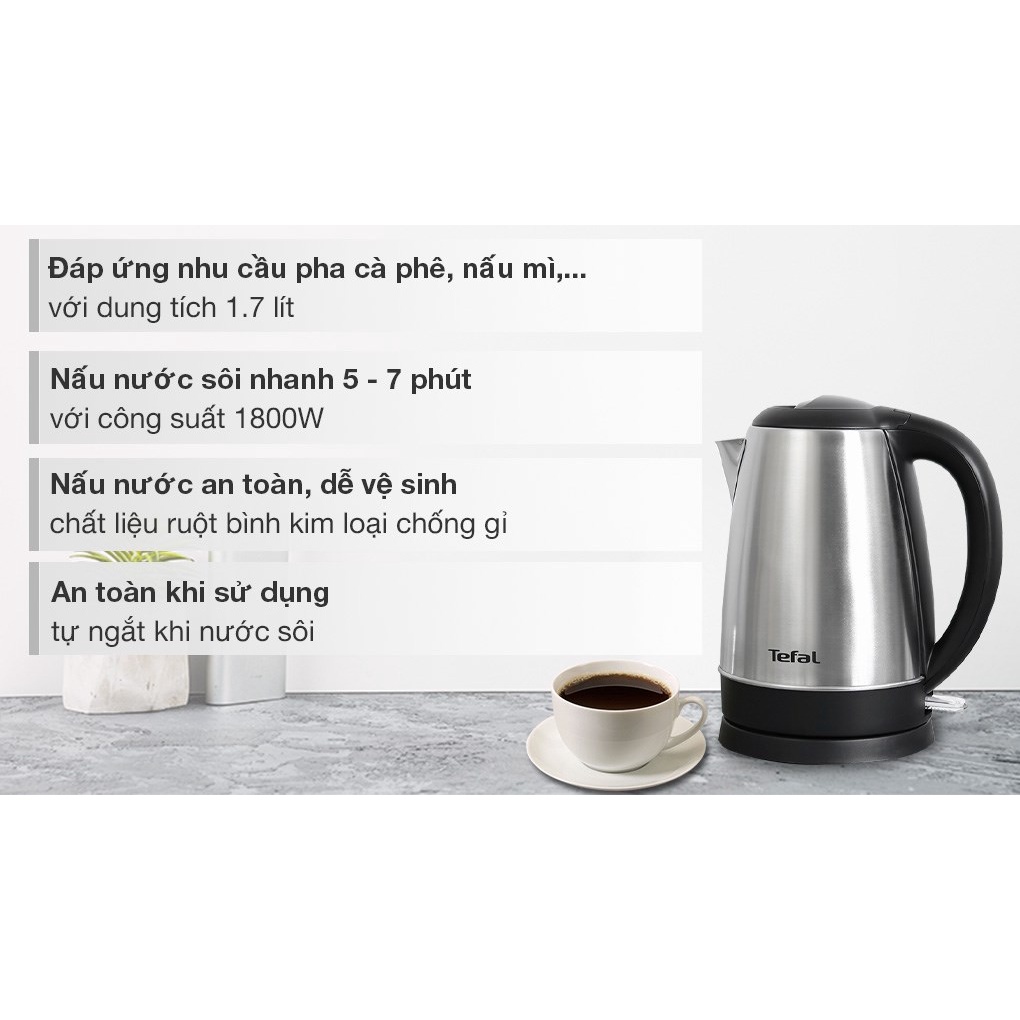 Tefal- Bình đun siêu tốc inox dung tích 1.7L KI800D68- Hàng chính hãng