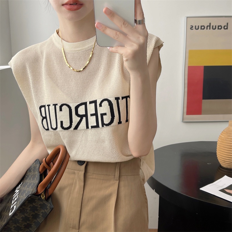 Áo Xiaozhainv dệt kim mỏng không tay dáng rộng in chữ 3 màu lựa chọn thời trang mùa hè cho nữ