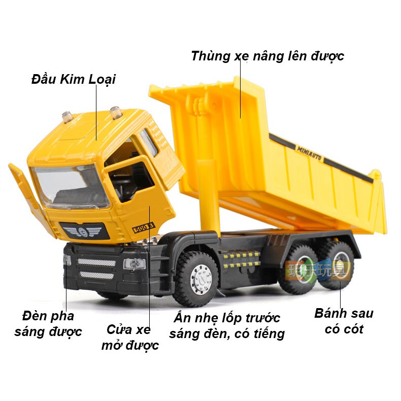 MÔ HÌNH Xe Tải Ben, Xe đồ chơi đầu Kim Loại chống va đập, có nhạc và đèn cho bé  | MINIAUTO tỷ lệ 1:50