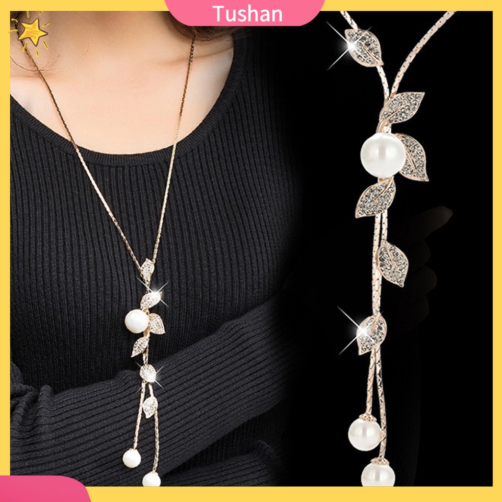 Dây chuyền mặt họa tiết lá phối ngọc trai tua rua dáng dài cho nữ