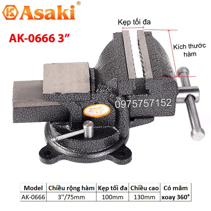 [SALE] Ê tô bàn nguội xoay 360° Asaki AK-0666 3'' - Khả năng kẹp 10cm AK-666