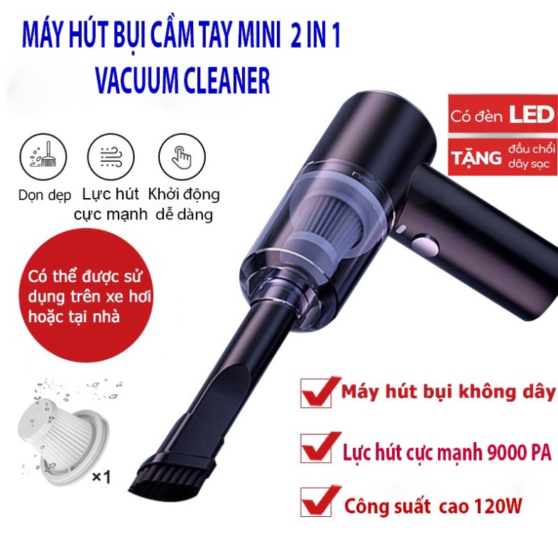 Máy Hút Bụi Cầm Tay Không Dây Siêu Mini Lực Hút Cực Mạnh 9000Pa - 120W, Sạc Usb - Máy Hút Bụi Mini Cầm Tay Hb1