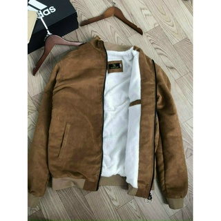 Áo Khoác Bomber Da Lộn - Lót Lông Cừu - Chất Đẹp - Basic Nam Nữ.