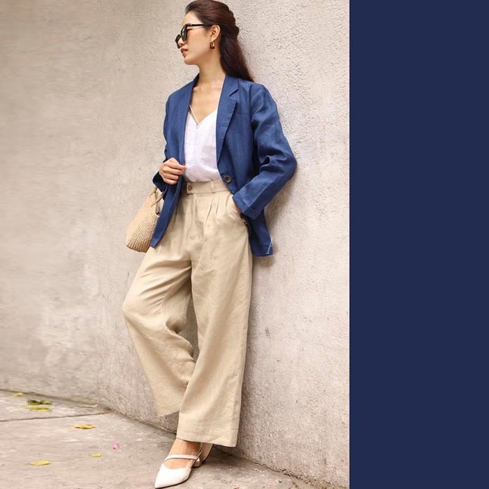 Áo vest blazer Linen nữ túi bổ 1 khuy trẻ trung - Xanh than